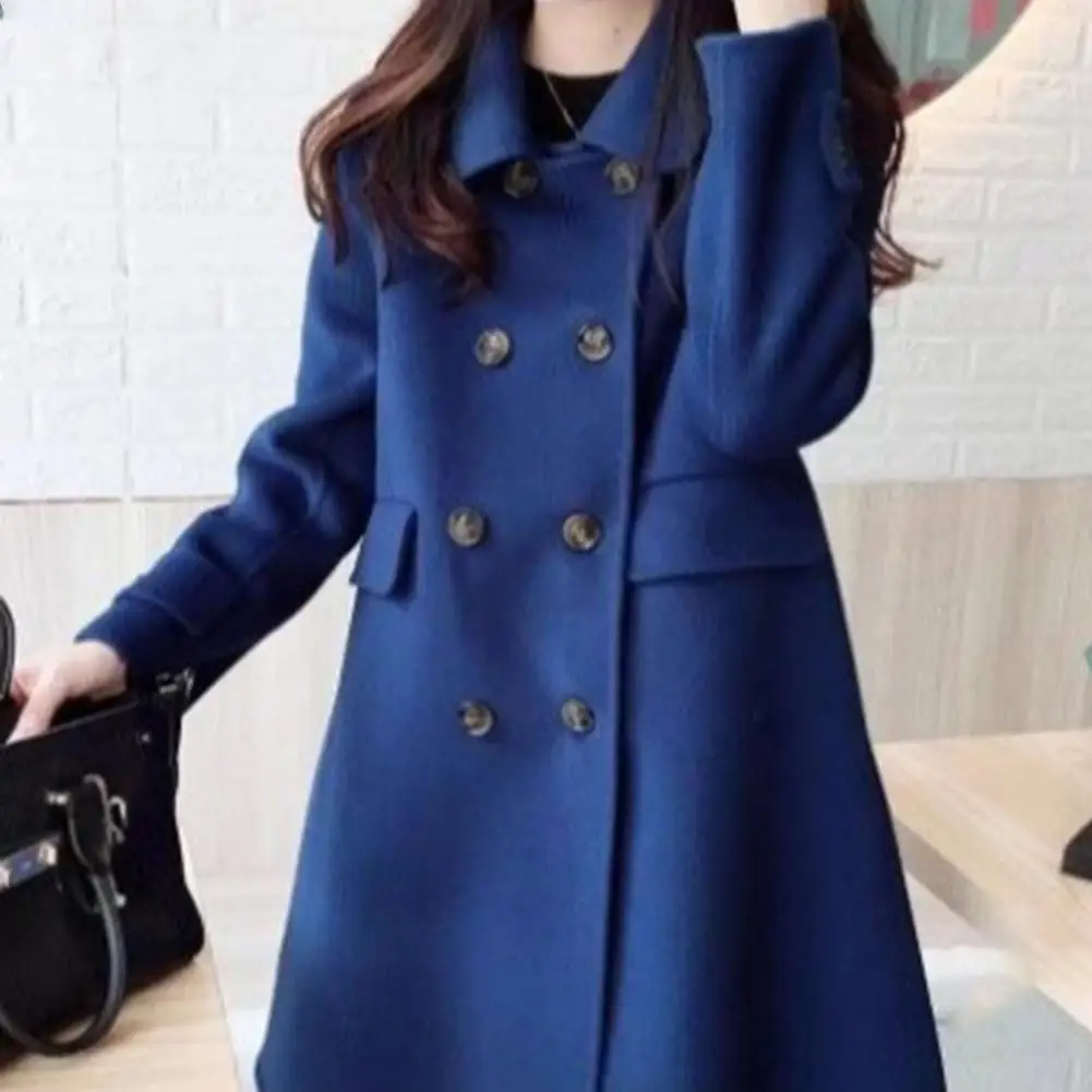 

Women Winter Outerwear Stylish Vintage Woolen Trench Coat Warm Mid-length Double-breasted with Pockets Lapel Buttons for Women's