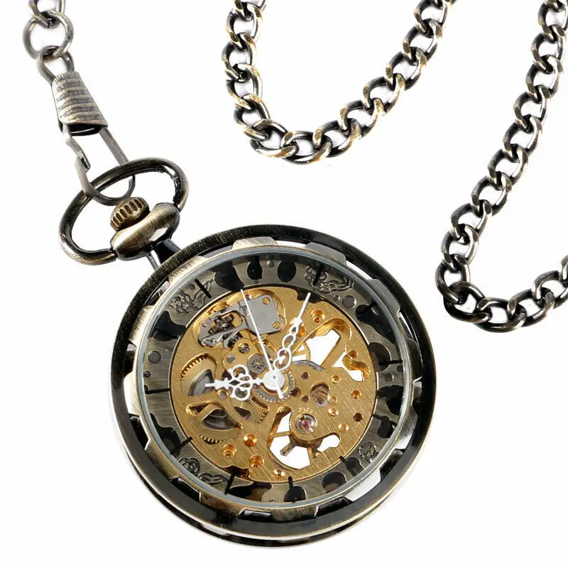 

Механические карманные часы-скелетоны в винтажном стиле с открытым лицом и ручным ветром, мужские и женские часы в стиле стимпанк с цепочкой-брелком, 4 цвета на выбор