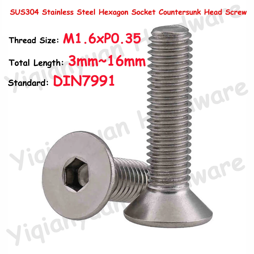 M1.6xP0.35 Coarse Thread DIN7991 SUS304 Stainless Steel Hexagon Socket Countersunk Head Screws Allen Key Bolts Flat Hex Screws
M1.6xP0.35 Coarse Thread DIN7991 SUS304 Stainless Steel Hexagon Socket Countersunk Head Screws Allen Key Bolts Flat Hex Screws