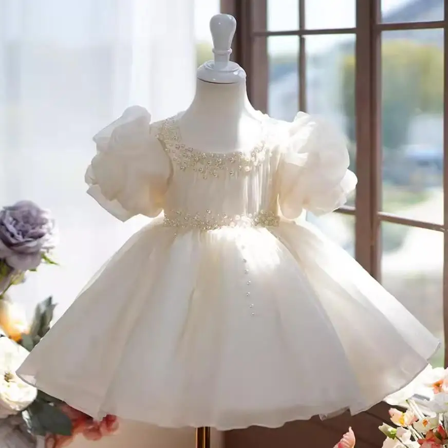 

Baby Girls Pearls Puff Sleeve Princess Evening Dress Pageant Wedding Birthday Party Flower Girl Dresses A3775 Vestidos
