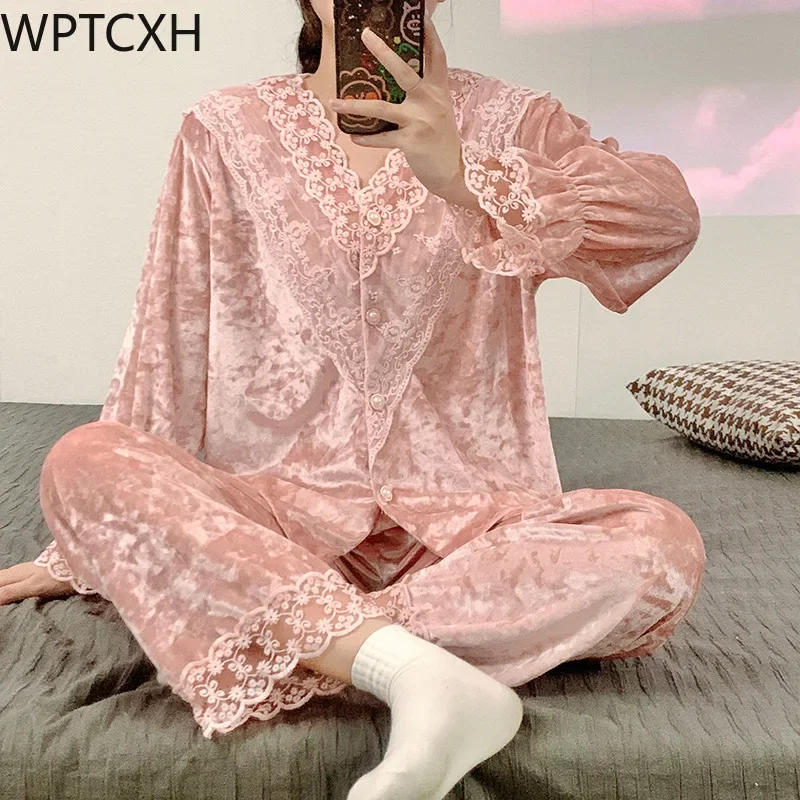 WPTCXH Spring Autumn Fashion Lace V Neck Pajamas Long Sleeve Pant Sleepwear Two Piece Nightwear Home Wear Loungewear Frivolous
WPTCXH Spring Autumn Fashion Lace V Neck Pajamas Long Sleeve Pant Sleepwear Two Piece Nightwear Home Wear Loungewear Frivolous