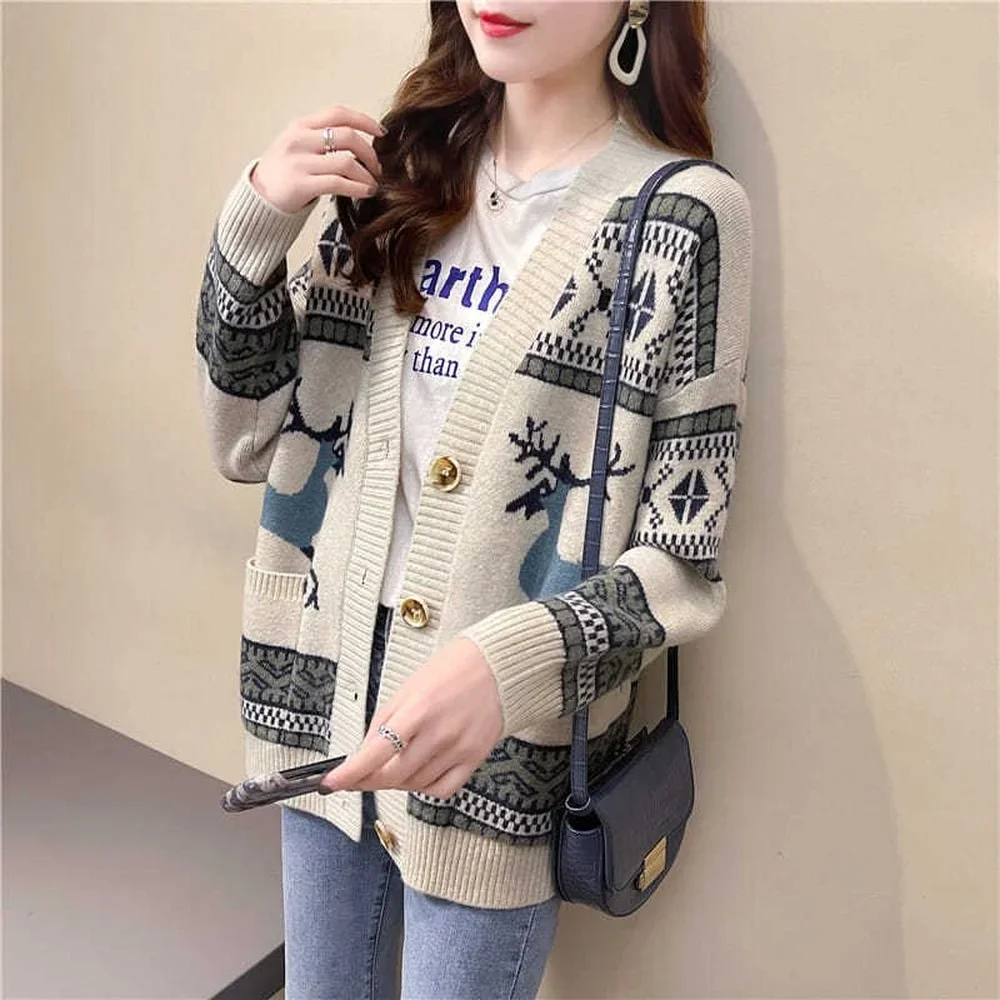 Autumn Women's New Elk V-neck Single-breasted Cardigan Sweater, Spring Loose-knit Cardigan Jacket Female Ethnic Style Cardigan
Autumn Women's New Elk V-neck Single-breasted Cardigan Sweater, Spring Loose-knit Cardigan Jacket Female Ethnic Style Cardigan