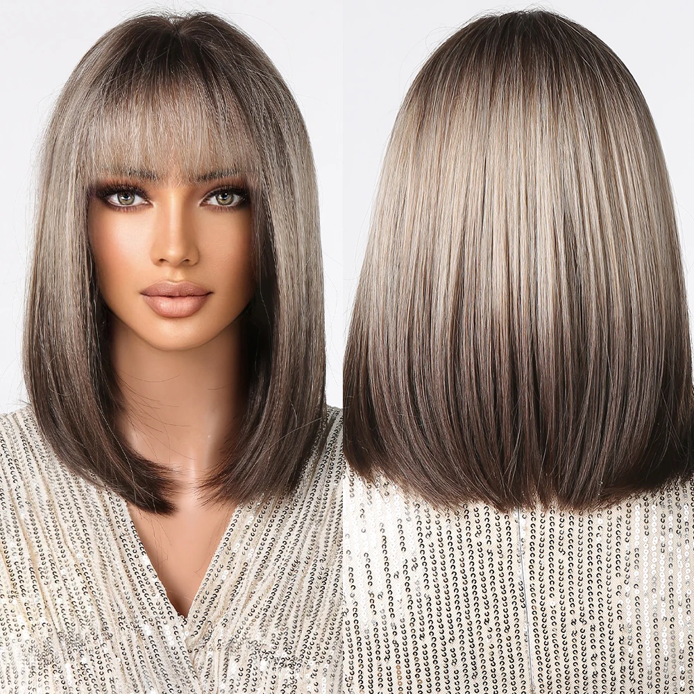 

Blonde Ombre Brown Ash Synthetic Wigs Short Grey Straight Wigs with Bangs Bob Wig for Women Daily Cosplay Heat Resistant Hairs