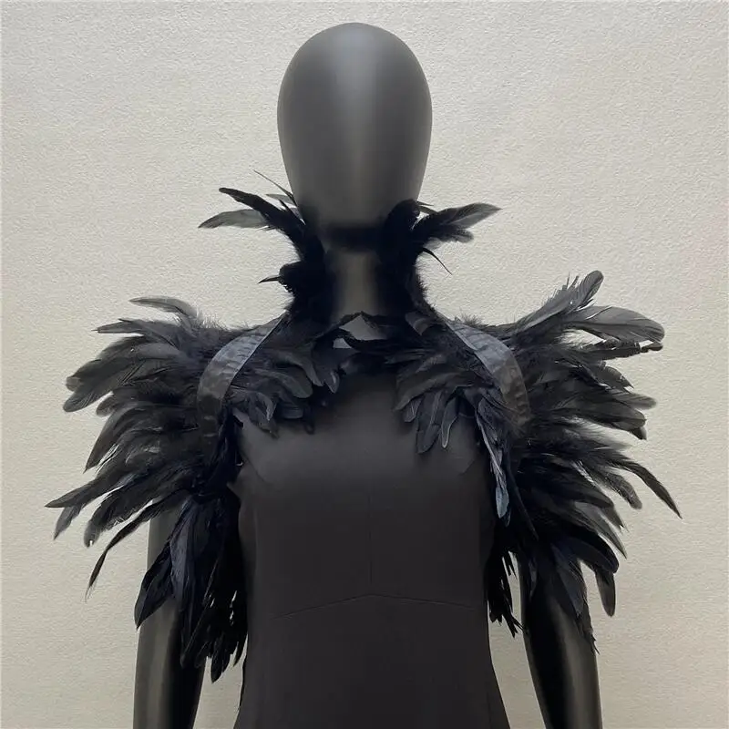 

Natural Feather Fake Collar Shrugs Cosplay Black Shawl Halloween Feather Shoulder Wraps Women Punk Gothic Costume Feather Cape