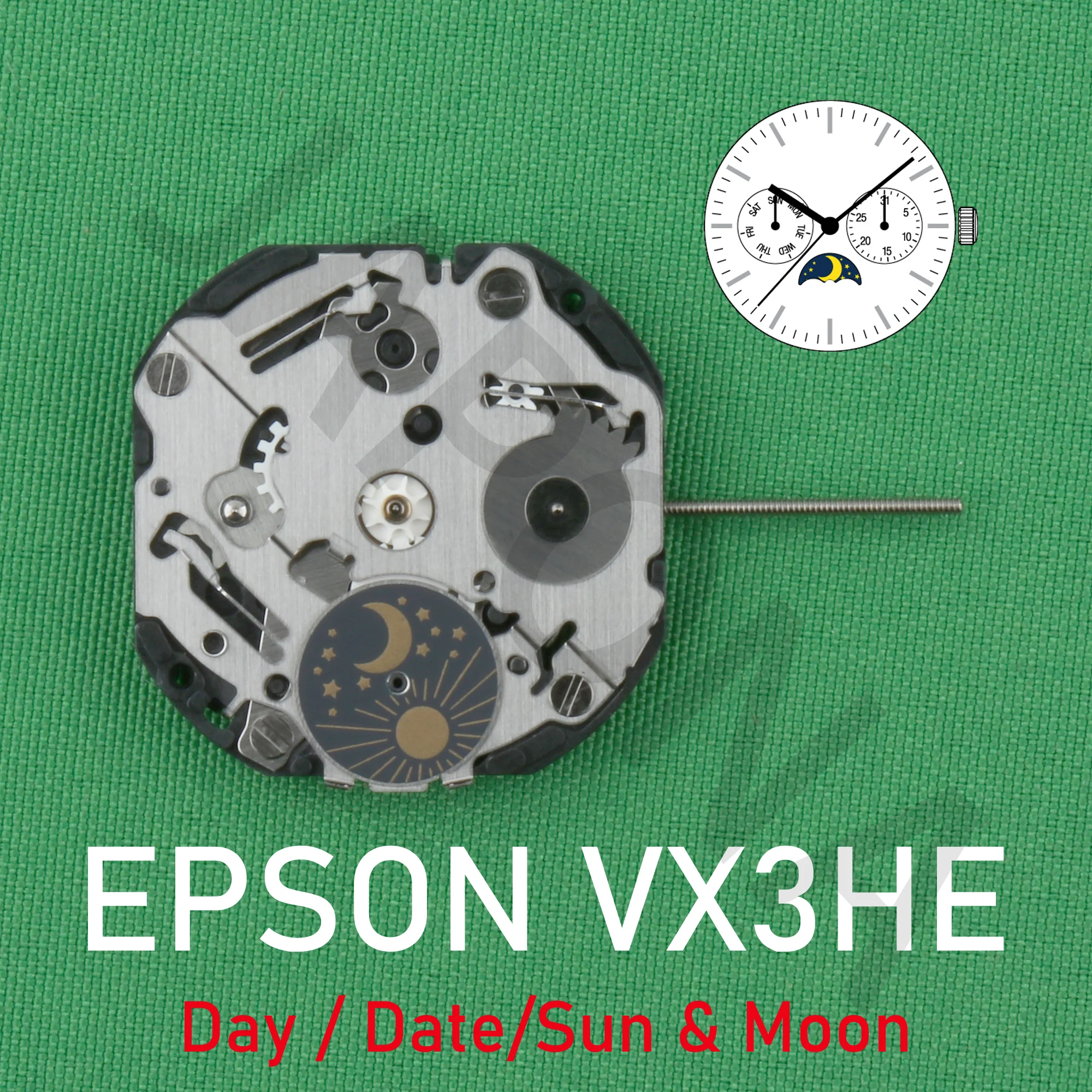 

Часовой механизм VX3H epson VX3HE, Аналоговый кварцевый механизм 10 1/2 '', тонкий механизм, 3 стрелки (H/M/S) и 3 глаза в день/дата/солнце и луну