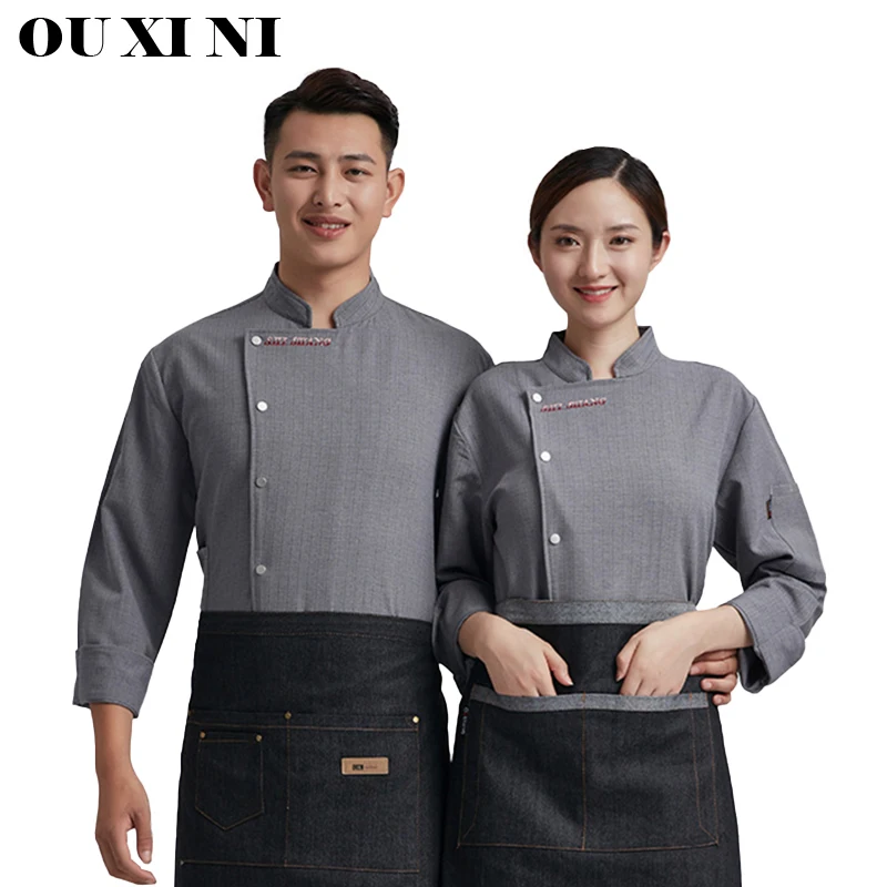 

Grey Long Sleeve Catering Women Chef Jacket Restaurant Kitchen Uniform Hotel Waiter Overalls Canteen Men's Cook Clothes Shirt