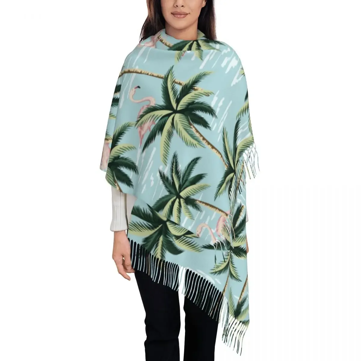 

Personalized Printed Tropical Vintage Pink Flamingo And Palm Trees Long Pile Fringe Men Scarf Women'S Anti Chill Scarf