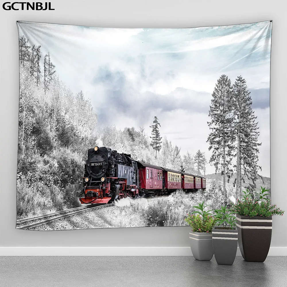 

Winter Scenery Tapestry Hanging Wall Forest Nature Snowscape Train Courtyards Bedroom Room Home Decor Fabric Wall Tapestry