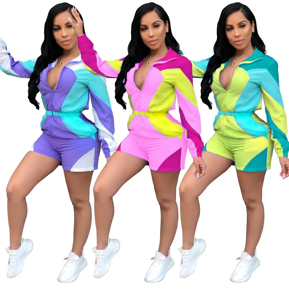 

women new summer zipper up colorful splicing long sleeve short jumpsuit sporty casual playsuit romper outfit 3 color DAJ4060