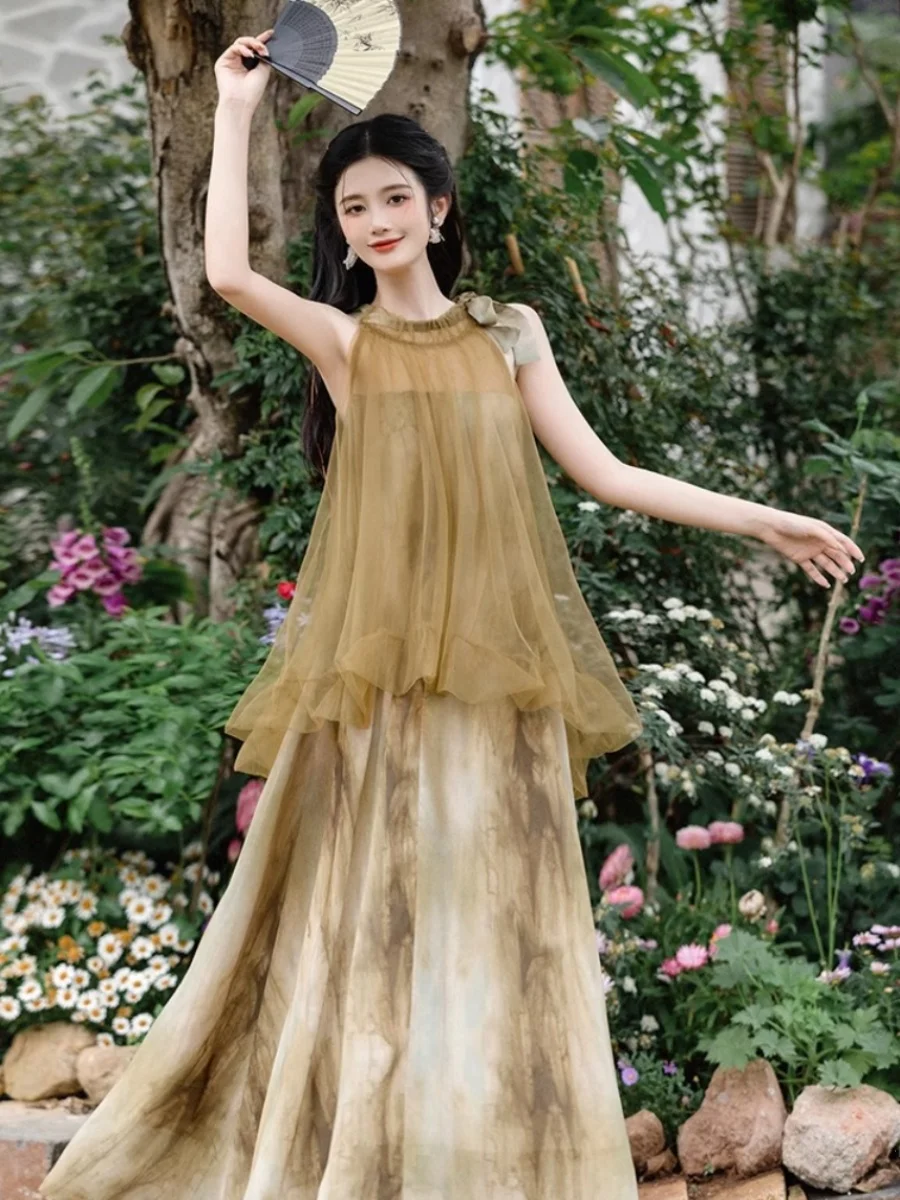 New Chinese Zen Halter Mesh Tie-Dyed Chiffon Dress False Two-Piece Suit Super Seaside Vacation Beach 
New Chinese Zen Halter Mesh Tie-Dyed Chiffon Dress False Two-Piece Suit Super Seaside Vacation Beach