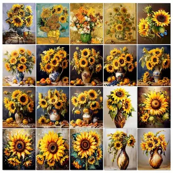 어린이 해바라기 꽃 숫자 DIY 페인팅, 성인용 사진 프레임, 그림 벽 아트 캔버스, 60x75cm
