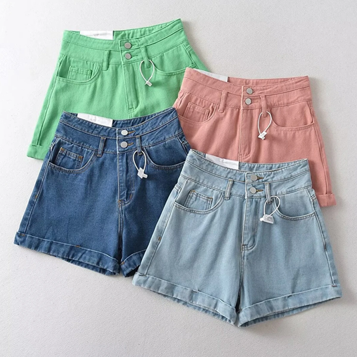 

Dave&Di Multicolor Retro High Waisted Single Breasted Bermuda Mom Shorts Women Loose Casual Denim Shorts For Summer