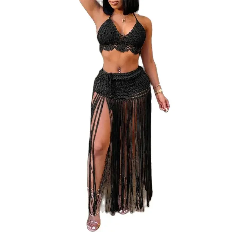 

Women Hand Knit Two Piece Sets Hanging Neck Backless Bikini Top Wrap Hip Skirt Splicing Extra Long Fringe Female Beach Suits New