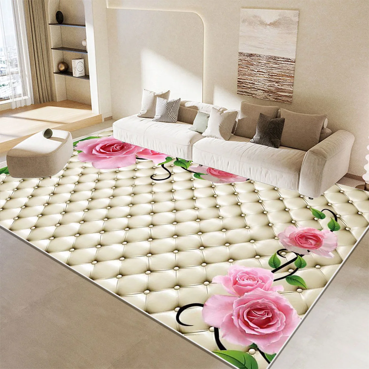 

European Style Pink Rose Carpets for Living Room Decoration Luxur Sofa Area Non-slip Floor Mat Bedroom Lounge Soft Rugs Washable