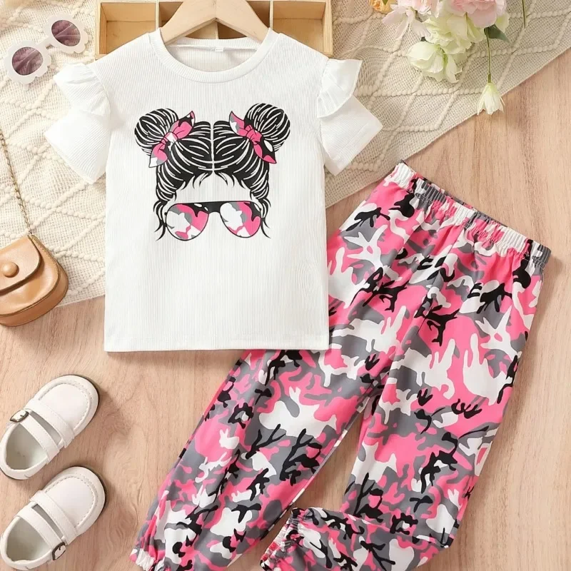 

Spring Summer Kids Clothes Sets Girls Casual Cartoon Short Sleeve T-shirt Top + Camouflage Pants Children's Fashion Clothing