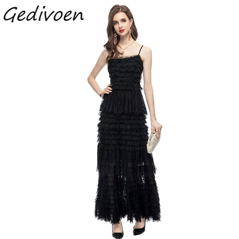 Gedivoen Summer Fashion Runway Black Sling Long Dress Women's Slash Neck Backless Lace Ruffles Splicing Vintage Pleated Dress
Gedivoen Summer Fashion Runway Black Sling Long Dress Women's Slash Neck Backless Lace Ruffles Splicing Vintage Pleated Dress
