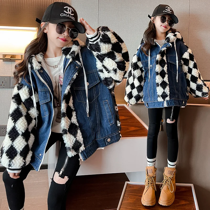 

New Fashion Denim Patchwork Coat for Girls Autumn Winter Thick Warm Woolen Jacket Teens Clothing Plaid Print Hooded Top 4-14 Yrs