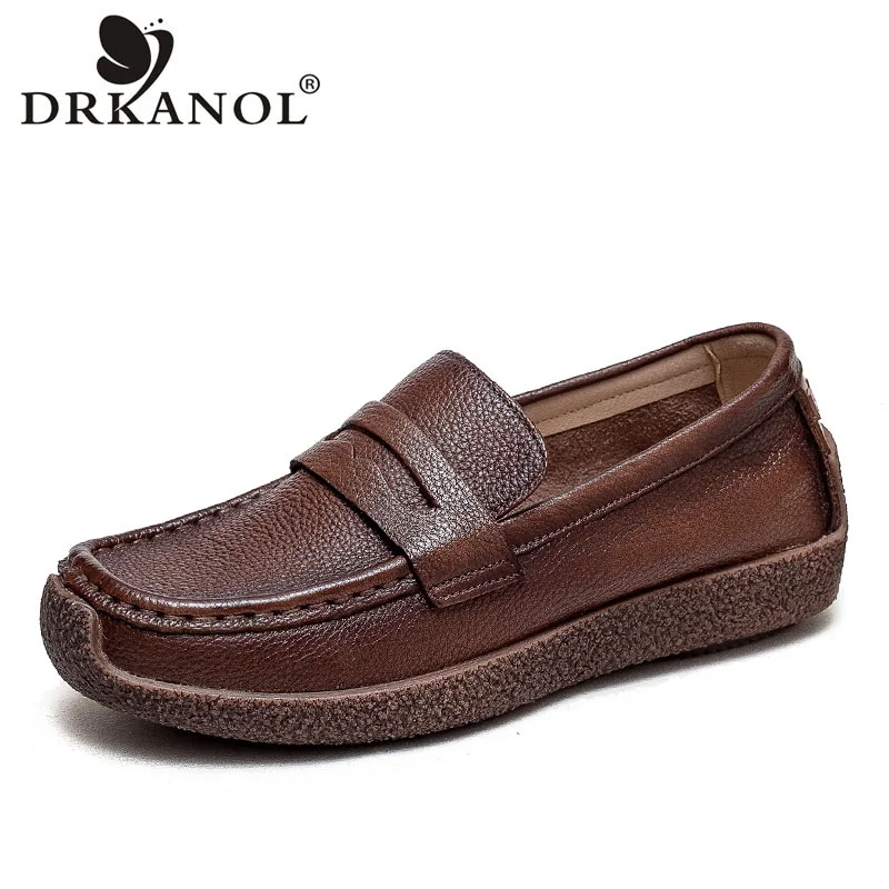 

DRKANOL Handmade Retro Women Loafers Spring Slip On Flat Shoes Ladies Genuine Leather Shallow Soft Soled Comfort Casual Loafers
