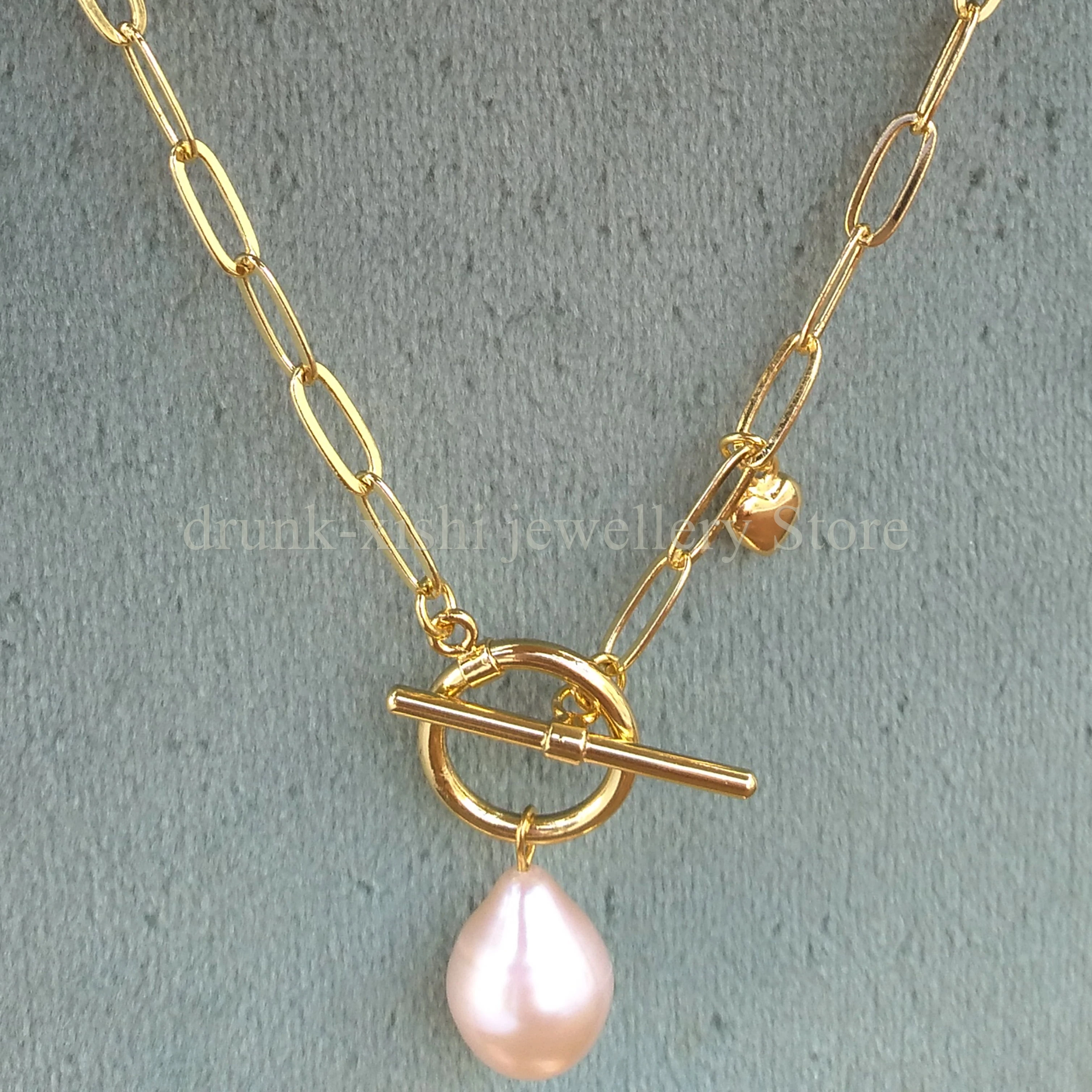

AAA+ 10-13mm South Sea Teardrop Baroque Gold Pink Natural Real Pearl Pendant Necklace 20in Chain Links OT Clasp Free Shipping