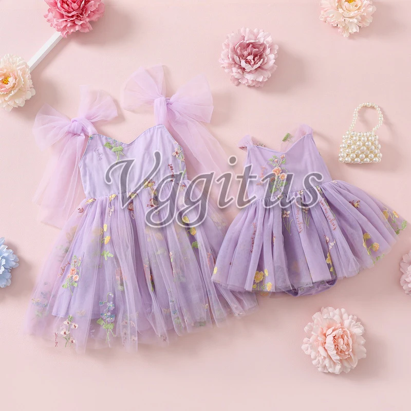 

Family Matching Outfits New Summer Baby Girl Solid Color Embroidery Open Back Dress Bow Sling Bodysuit for Twins Sisters E1237