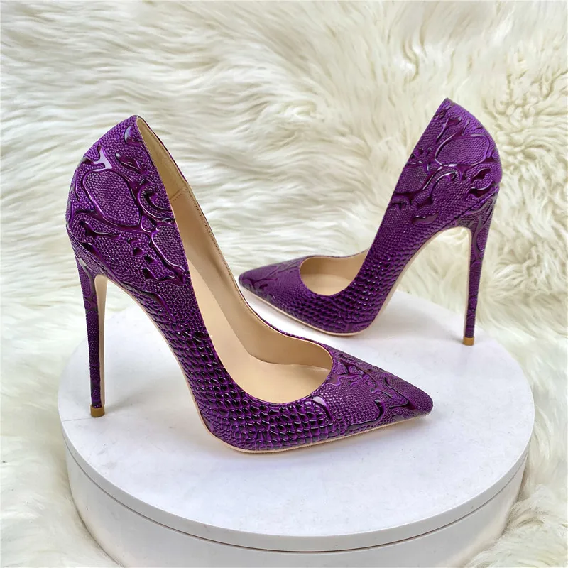 

Luxury Purple Woman High Heeled Shoes Shallow Mouth Pointed Toe Slip on Unique Shoes Four Season All Game Pattern Snakes Shoes