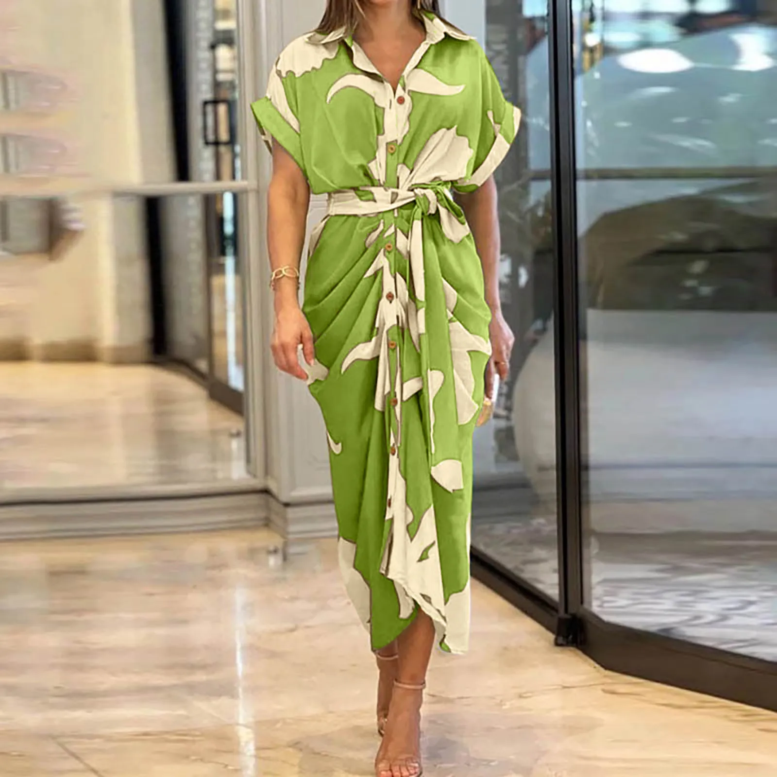 

2024 Summer New Women'S Elegant Bohemian Style Dress Cross-Border Long Printed Blouse Dress High Waist Casual Beach Robe