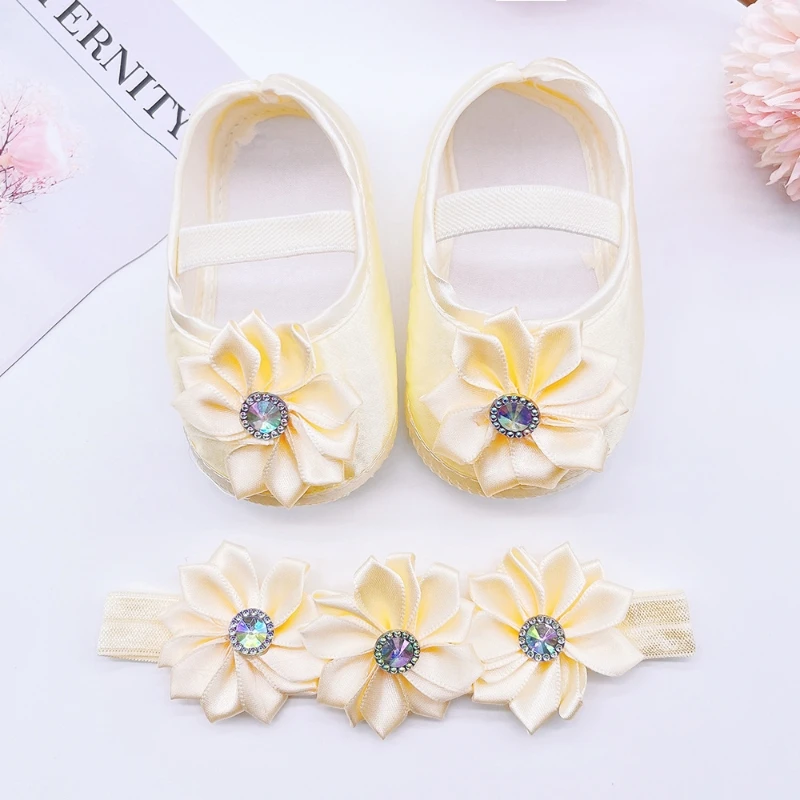 

10.5-11.5CM Baby Girls Princess Flower Shoes Headband Set First Walker Shoe Infants Toddlers Soft Sole Anti-skip Spring Autumn