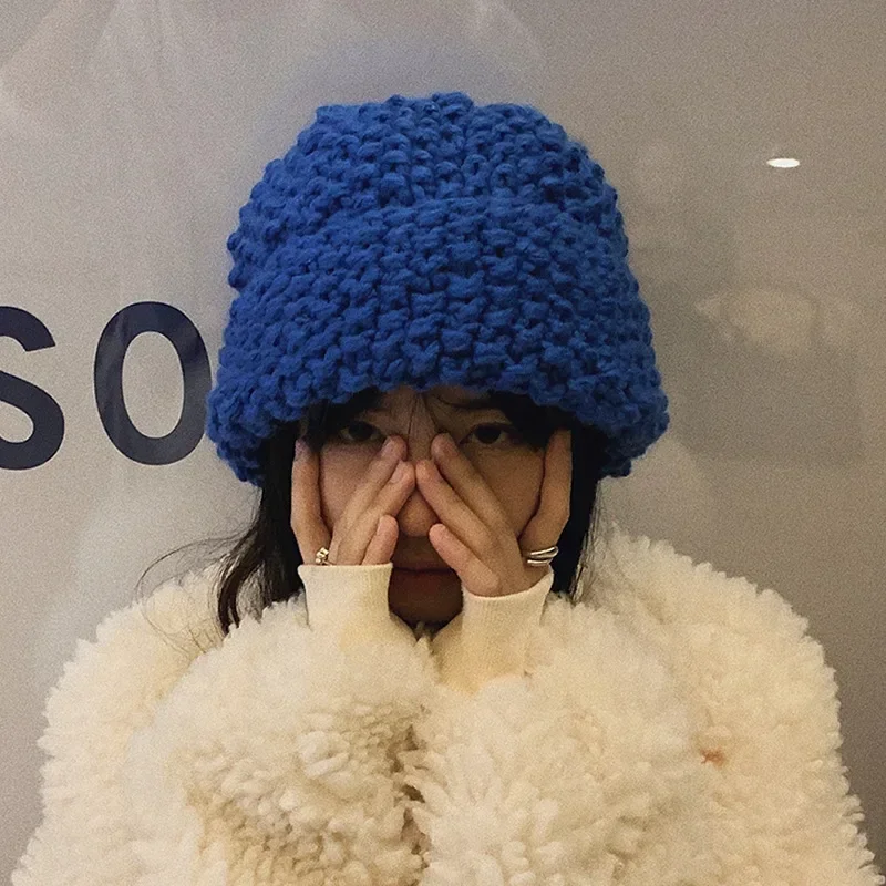 

2023 Knitted beanie Pineapple Pattern Woolen Hat Ins Winter Wild Klein Blue Solid Color Beanies Hats Tide Bonnets for Women