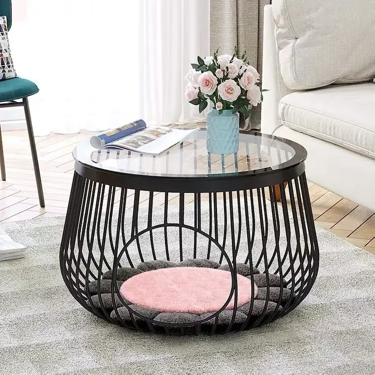 

Nordic Wrought Iron Living Room Small Apartment Cats Sharing Tempered Glass Coffee Table Stone Slab Mesas Pet Cat Nest Tables