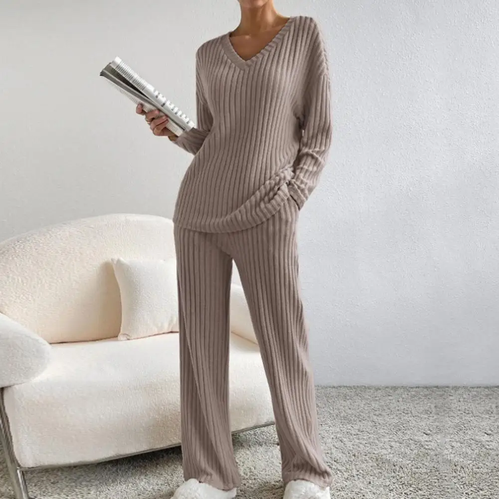 

Ribbed Knit Pajama Set Cozy Knitted Sweater Pants Set With V Neck Pockets For Fall Winter Homewear Soft Elastic Waist For Women