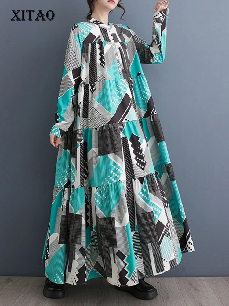 

Платье-рубашка XITAO свободного покроя с длинным рукавом и геометрическим принтом контрастных цветов