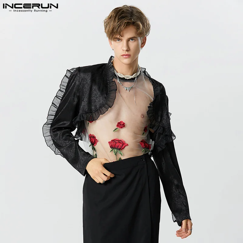 

American Style Handsome New Mens See-through Mesh Ruffle Design Blazer Casual Sexy Patchwork Copped Suit S-5XL INCERUN Tops 2023