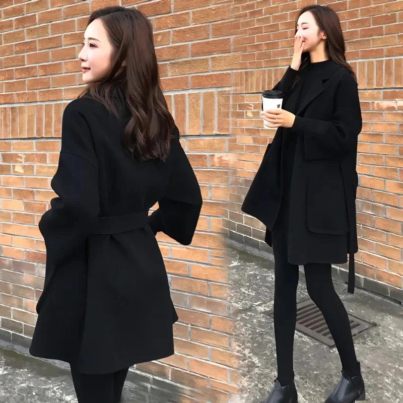 

Black Woolen Coat Female Autumn Winter Korean Loose Temperament Wool Jacket Women Casual Add Cotton Thicken Blend Wool Overcoat