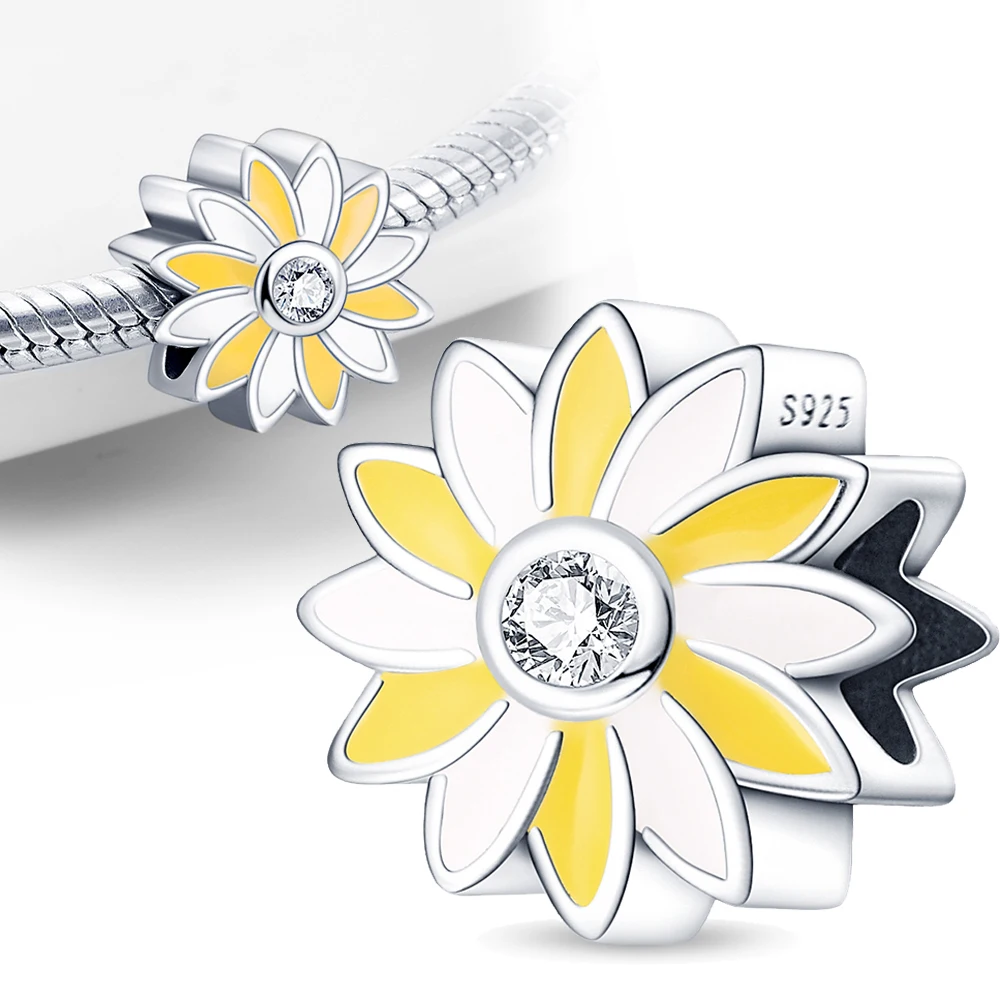 

Бусины-шармы из серебра 925 пробы в виде цветка хризантемы с цирконом, подходят для шармов, оригинальный браслет, Шарм для женщин, подарок, бижутерия «сделай сам»