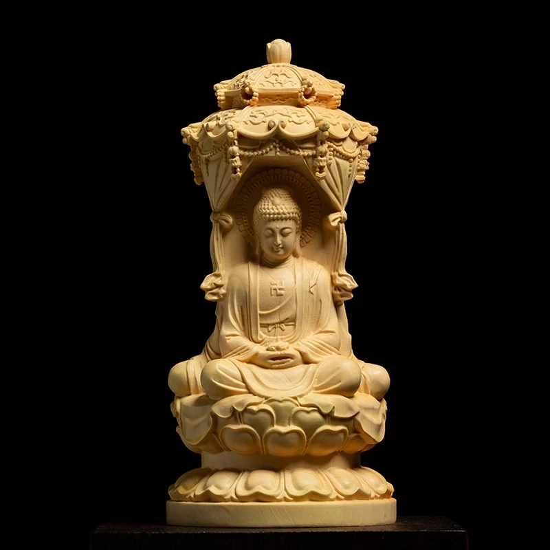 

3 Faces Amitabha Guanyin Bodhisattva 15cm Chinese Boxwood Carving Gods Buddha Statue Solid Wood Home Ornaments