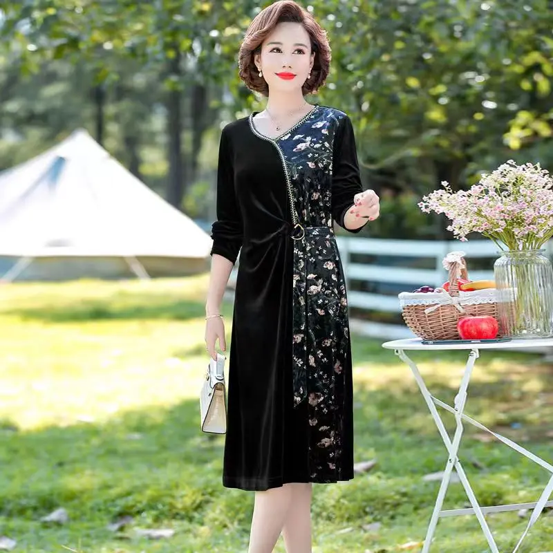 

Женское бархатное платье в стиле пэчворк, черное элегантное винтажное платье до щиколотки во французском стиле с длинным рукавом и V-образным вырезом, для осени и зимы