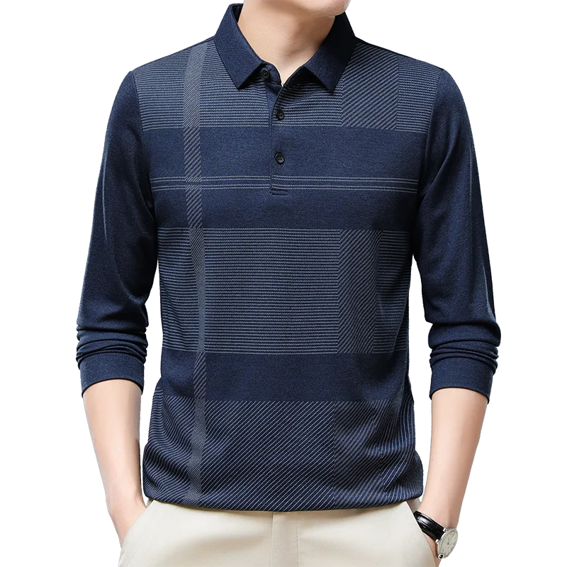 

Spring New Silk Cotton Polo Collar Long Sleeved Checkered T-shirt for Men's Autumn Commuter Business Casual Stripe Versatile Top