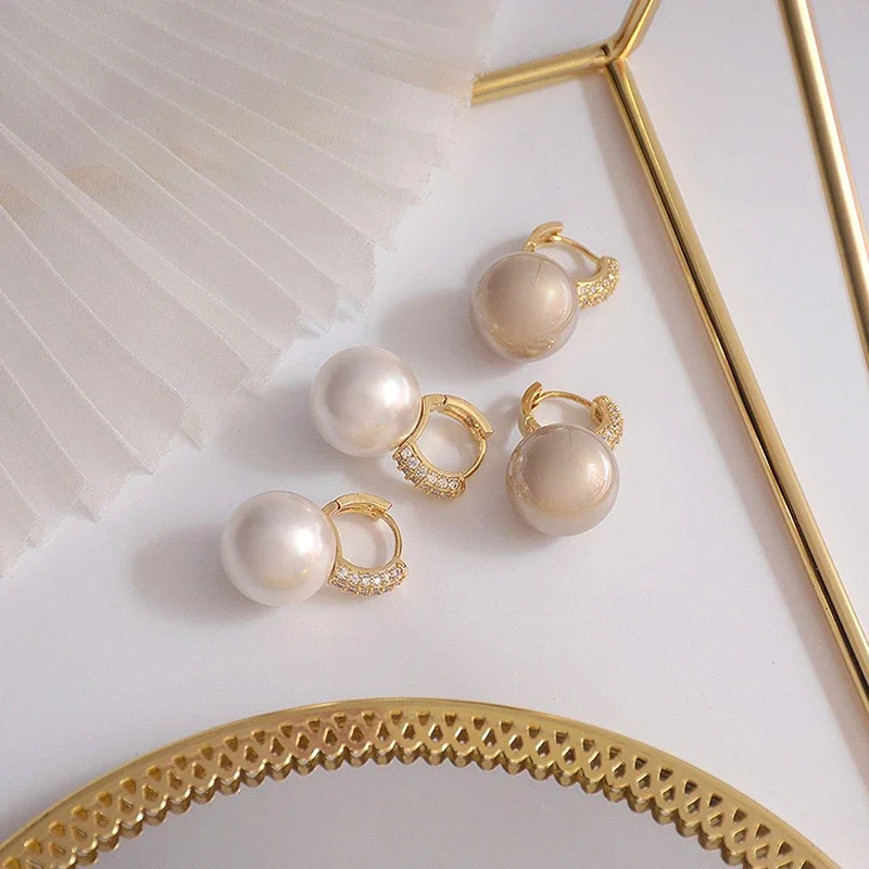 

New Trendy Charm 14K Real Gold Plated Pearl Hoop Earrings for Women High Quality Jewelry AAA Zirconia Anniversary Party Gift