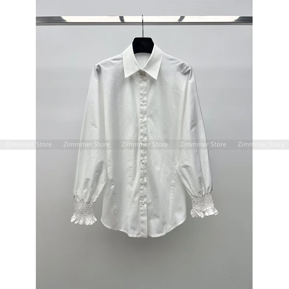 

Spring Autumn 2024 Versatile Shirt Top with Pointed Collar and Elasticated Cuffs and Elasticated Waistband at Back