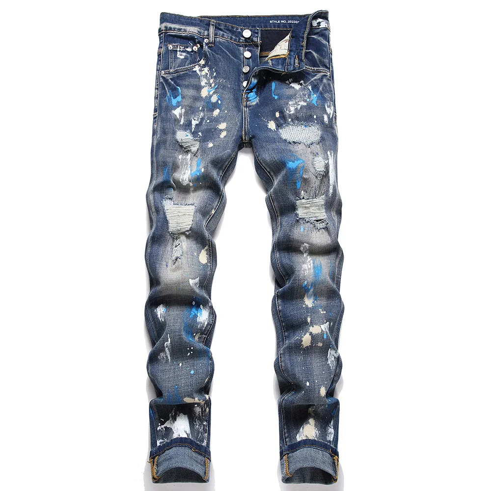 

Men Painted Ripped Jeans Streetwear Holes Distressed Stretch Denim Pants Button Fly Slim Tapered Trousers