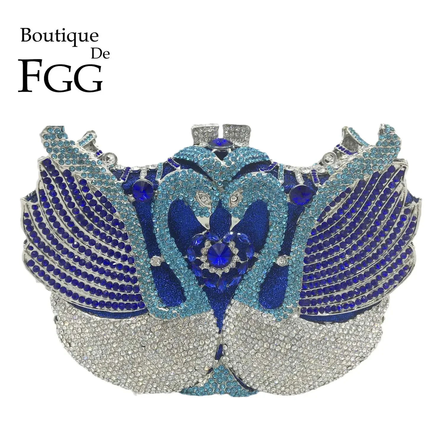 

Boutique De FGG Blue&Silver Women Swan Clutch Crystal Evening Bags Wedding Party Dinner Ladies Rhinestone Minaudiere Handbag