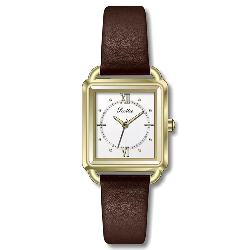 

2024 SCOTTIE High Quality Japan Quartz Gold Watch 26mm Rectangle Dial Genuine Leather Waterproof Ladies Wrist Watch Dropshipping