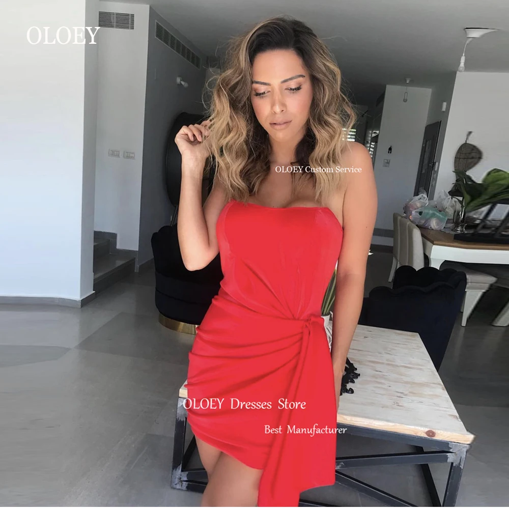 

OLOEY Simple Red Short Party Dresses Strapless Mini Arabic Lady Cocktail Dress Night Event Formal Club Gowns Robe de soiree