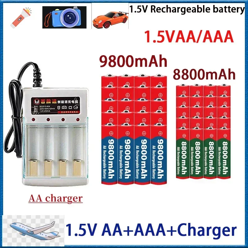 New 1.5V Rechargeable Battery, AAA 8800Mah+AA 9800 Mah, Plus Charger Set Alkaline Technology, Suitable for Remote Control,shaver
New 1.5V Rechargeable Battery, AAA 8800Mah+AA 9800 Mah, Plus Charger Set Alkaline Technology, Suitable for Remote Control,shaver