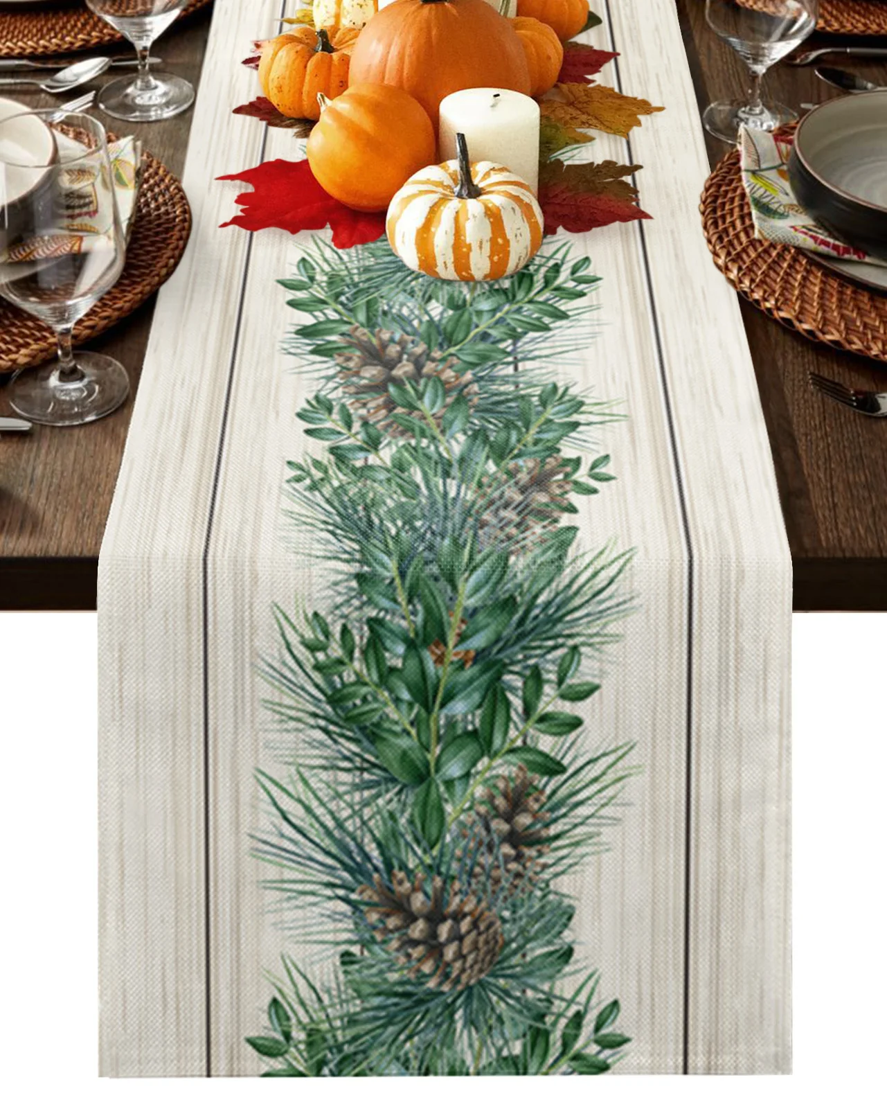 

Wood Grain Vintage Farmhouse Pine Cones Linen Table Runner Kitchen Table Decoration Dining Tablecloth Wedding Party Decor