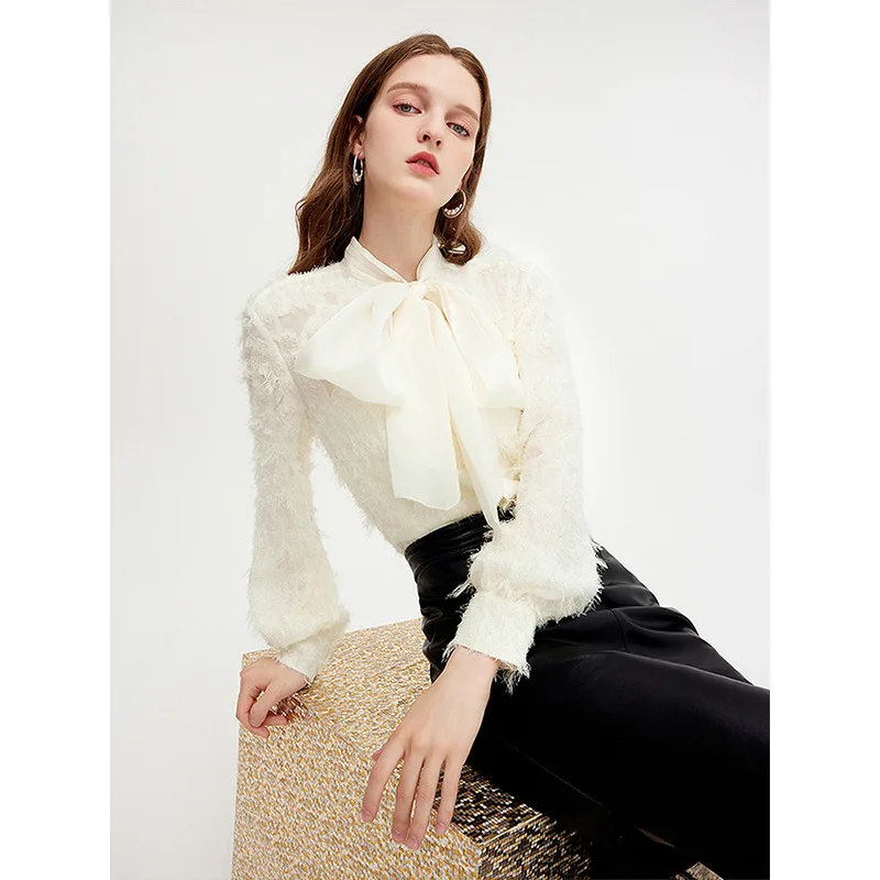 

Furry Tassel Button Up Designer Collared Long Sleeve Lace Shirt Women Jacquard Top Fashion Tops Kawaii Clothes White Blouse