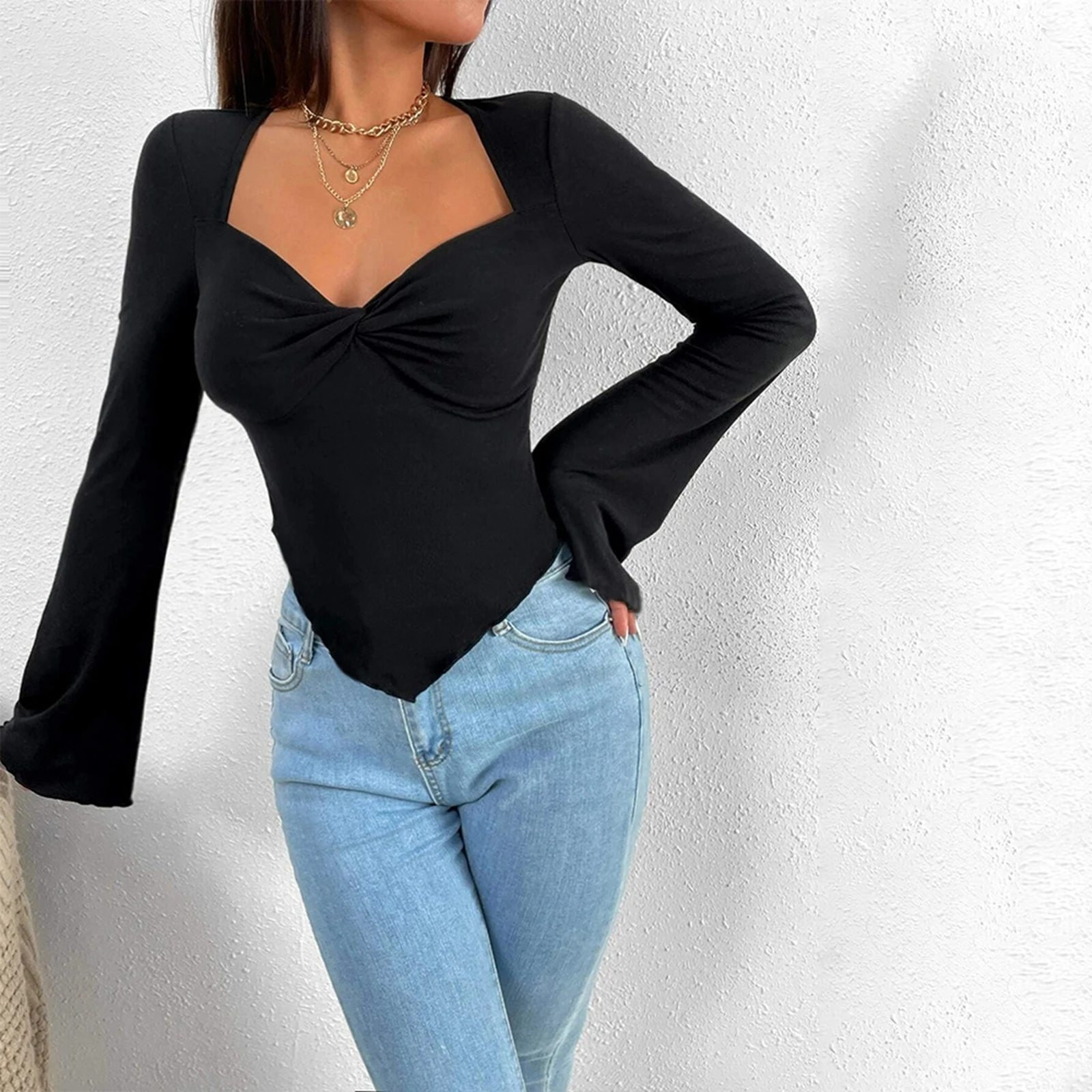 

Long Flare Sleeve V-neck Low Cut T-shirts Tops for Women Front Ruched Criss-cross Solid Slim Fit Irregular Hem Tees