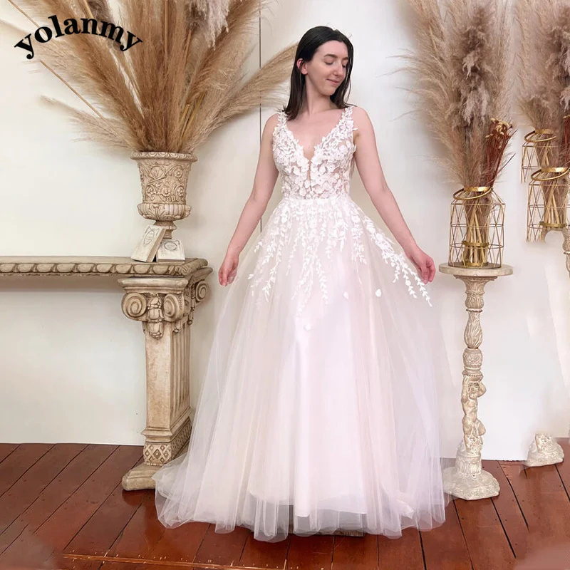 

YOLANMY Simple Bohemian Wedding Dress For Woman Off the Shoulder Deep V-Neck Appliques Tulle Court Train Backless Drop Shipping