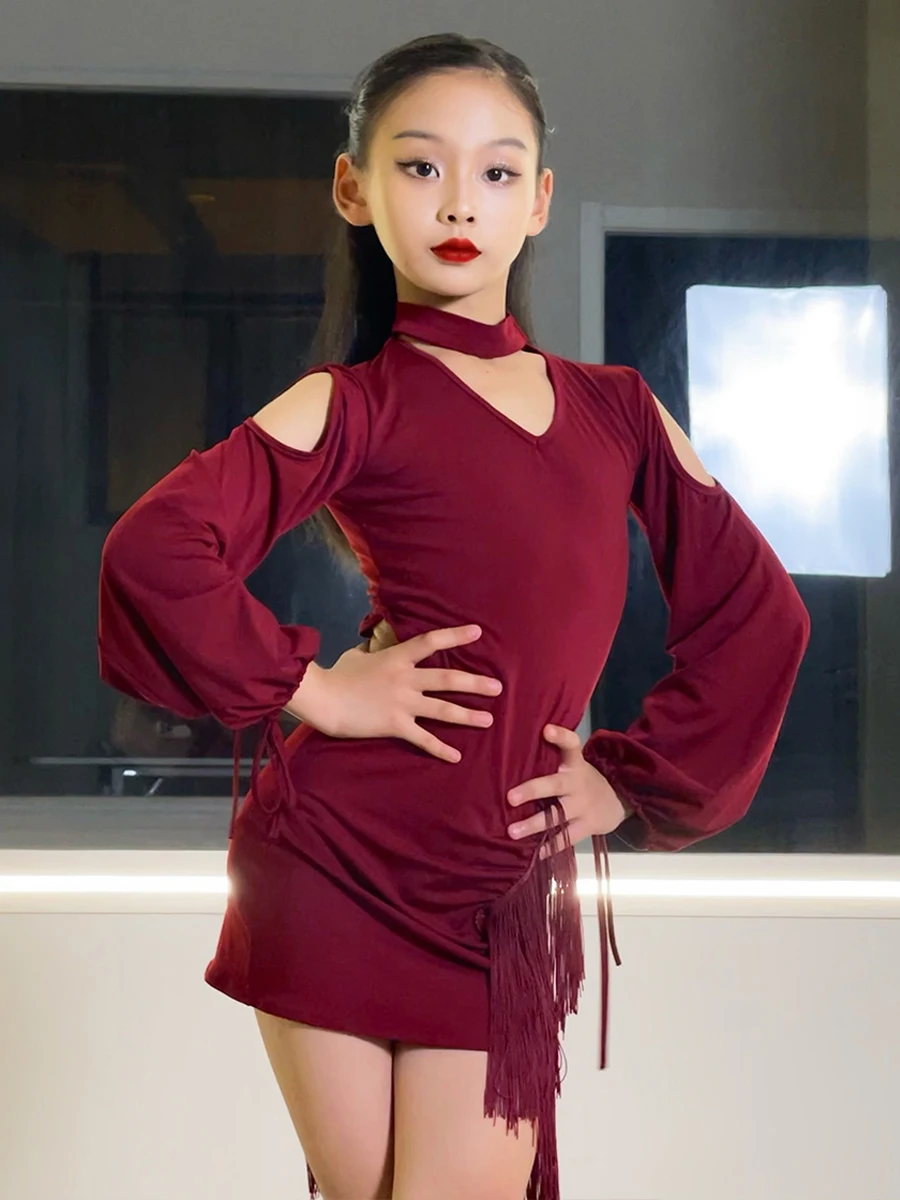 

2023 Children Latin Dance Dress For Girls Burgundy Long Sleeves Fringe Dress Rumba Performance Wear Competition Dress DNV18616