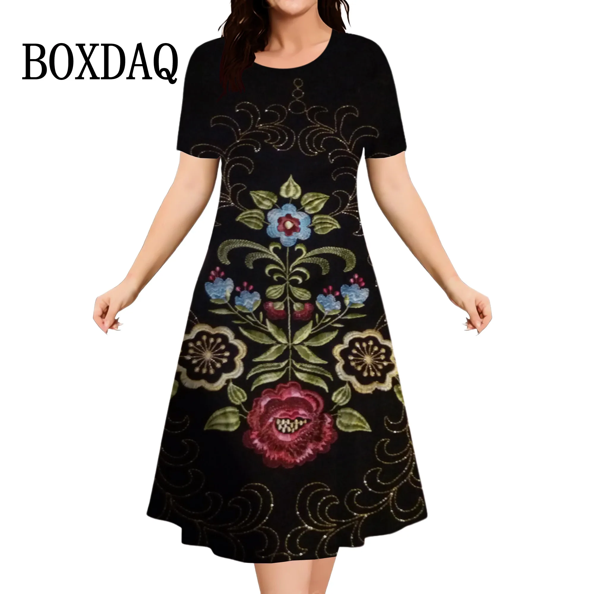 

6XL Plus Size Flower Print Dress Women Pullover Loose Short Sleeve New Dress Summer Retro Neck Large Sizes Ladies Clothes 2024